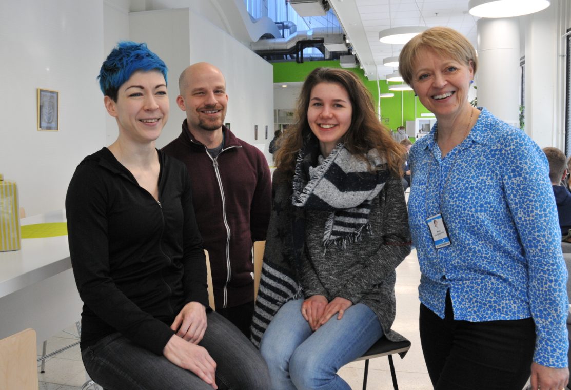 Elina Pettersson, Matthias Rigal, Lea Heinrich and Maija Kangasperko are posing for the camera on SAMK's Pori campus.