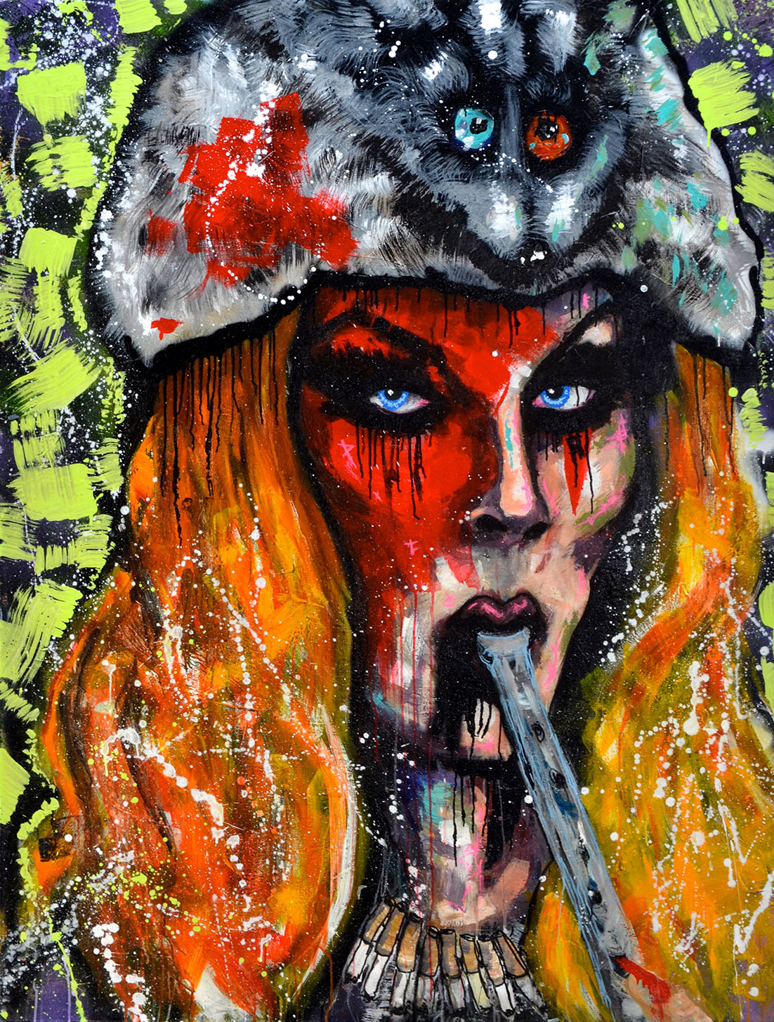 Dino Vapaavuori: Your dad just calls me Katya, 2018, spray, akryyli, maalitussit ja glitter kankaalle, 176 cm x 134 cm - SAMK