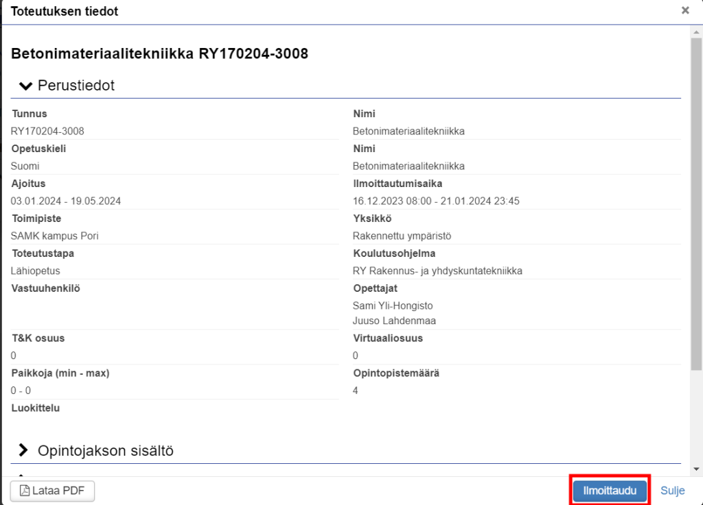 Opiskelijat näkevät Lokista oman opetussuunnitelmansa, sekä opiskelu- ja henkilötietonsa.