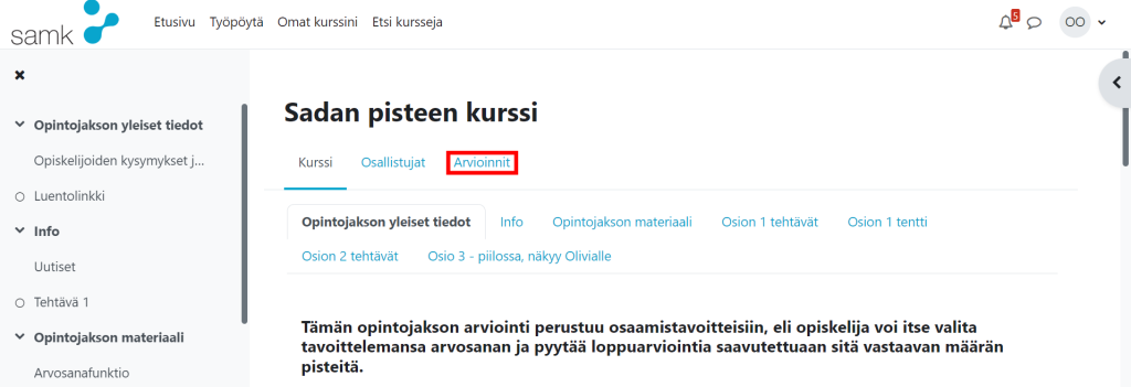 Tämä on ohje liittyen arvioinnit -osioon Moodlessa. Ohjeessa kerrotaan mistä löydät kurssin tehtävien arvioinnit Moodlessa.