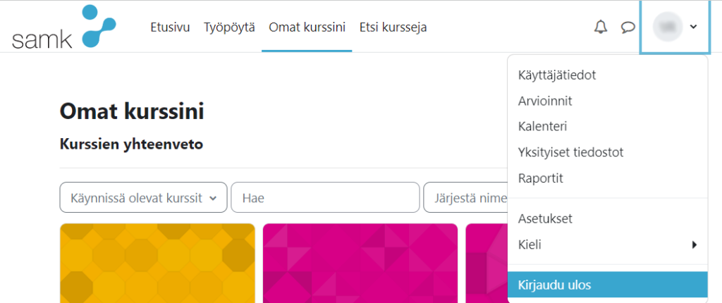 Moodle profiilista ulos kirjautuminen.