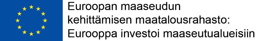 Logo. Sininen lippu, jossa keltaisista tähdistä muodostuva ympyrä. Vieressä teksti Euroopan maaseudun kehittämisen maatalousrahasto: Eurooppa investoi maaseutualueisiin