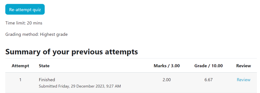 Moodle submitting a test and summary.