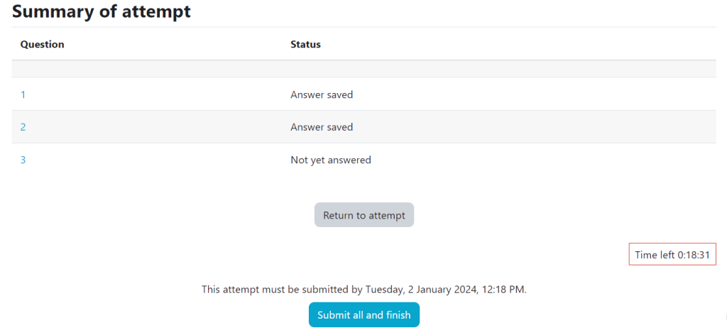 Moodle submitting a test.