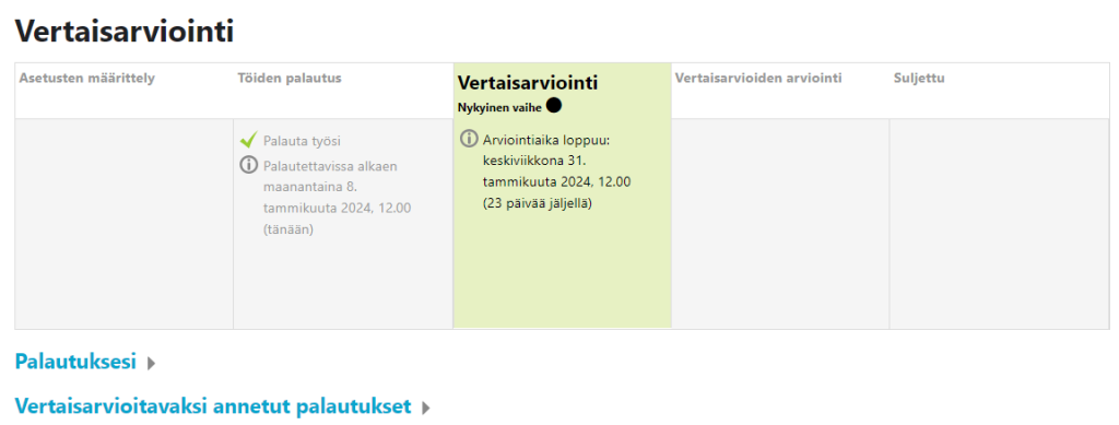 Tämä on ohje Moodlen työpaja -aktiviteetin käyttöön. Ohjeessa kerrotaan mihin ja miten työpajaa käytetään. Löydät ohjeet töiden palautukseen, vertaisarviointiin ja vertaisarvioiden arviointiin. Lopussa kerrotaan mitä tapahtuu, kun opettaja on sulkenut työpajan.