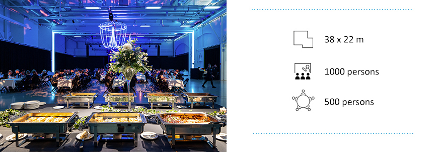 The size of the Agora hall is 38 by 22 metres, with a capacity of 500-1000 people.