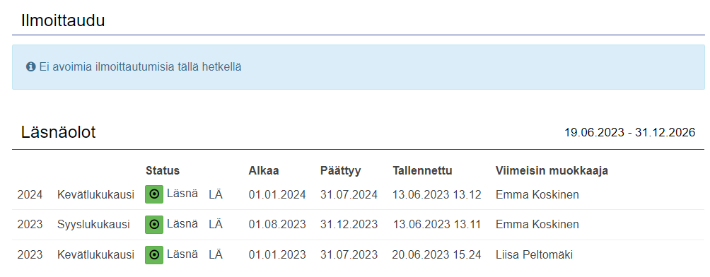 Loki-järjestelmän ilmoittaudu-näkymä.