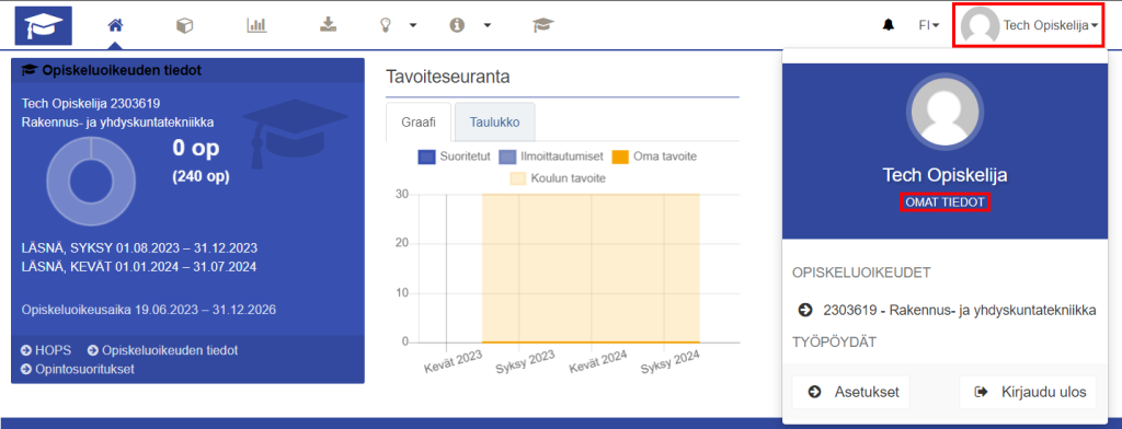 Loki-järjestelmän omat tiedot-kohdan näkymä
