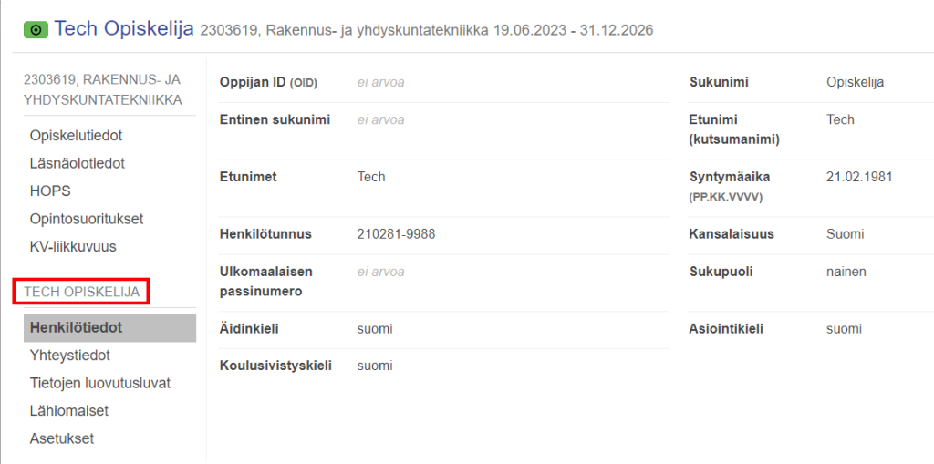 Loki-järjestelmän tiedot-näkymä