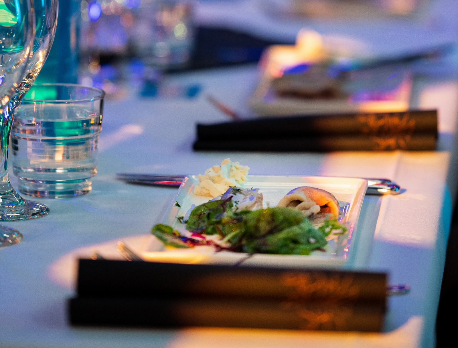 Dinner on a festively laid table.