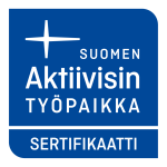 Sininen banner, jossa lukee Suomen aktiivisin työpaikka, sertifikaatti.