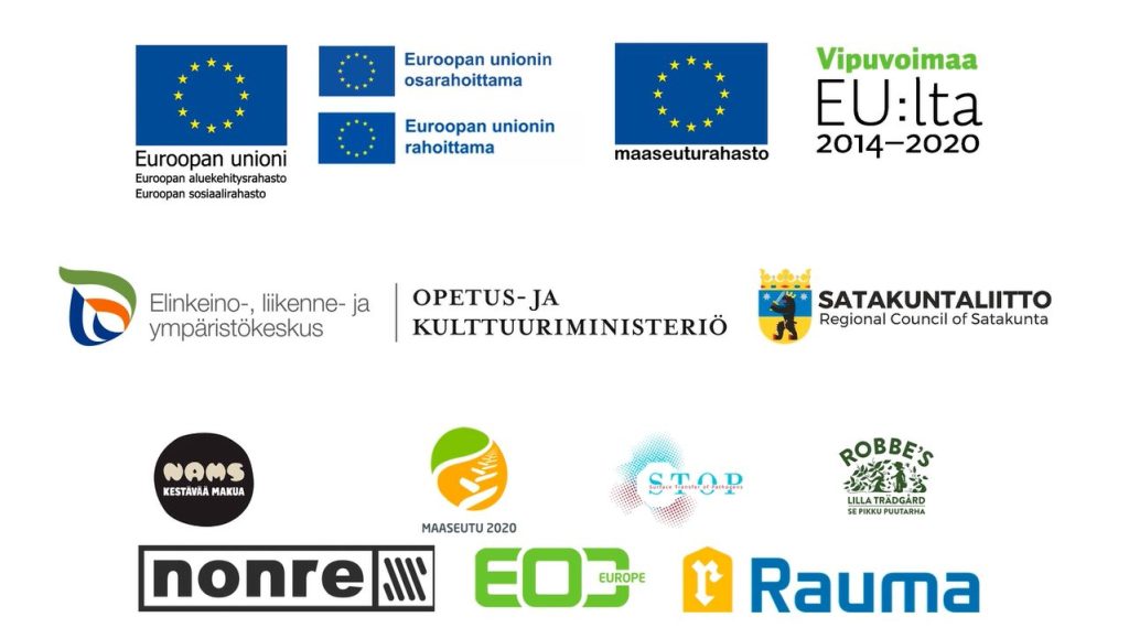 Seminaarissa esillä olleiden hankkeiden EU-, rahoittaja- ja yhteistyölogot.