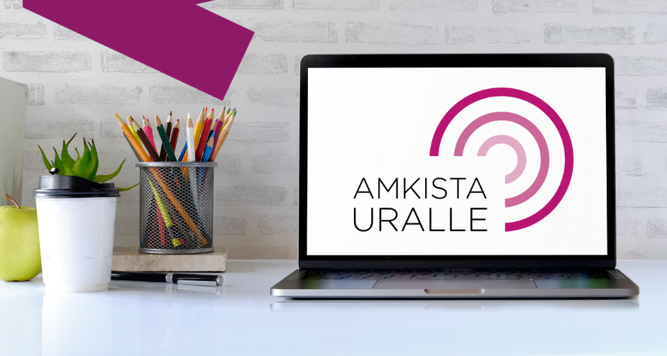 Tietokoneen näyttö, näytöllä teksti "AMKista uralle".