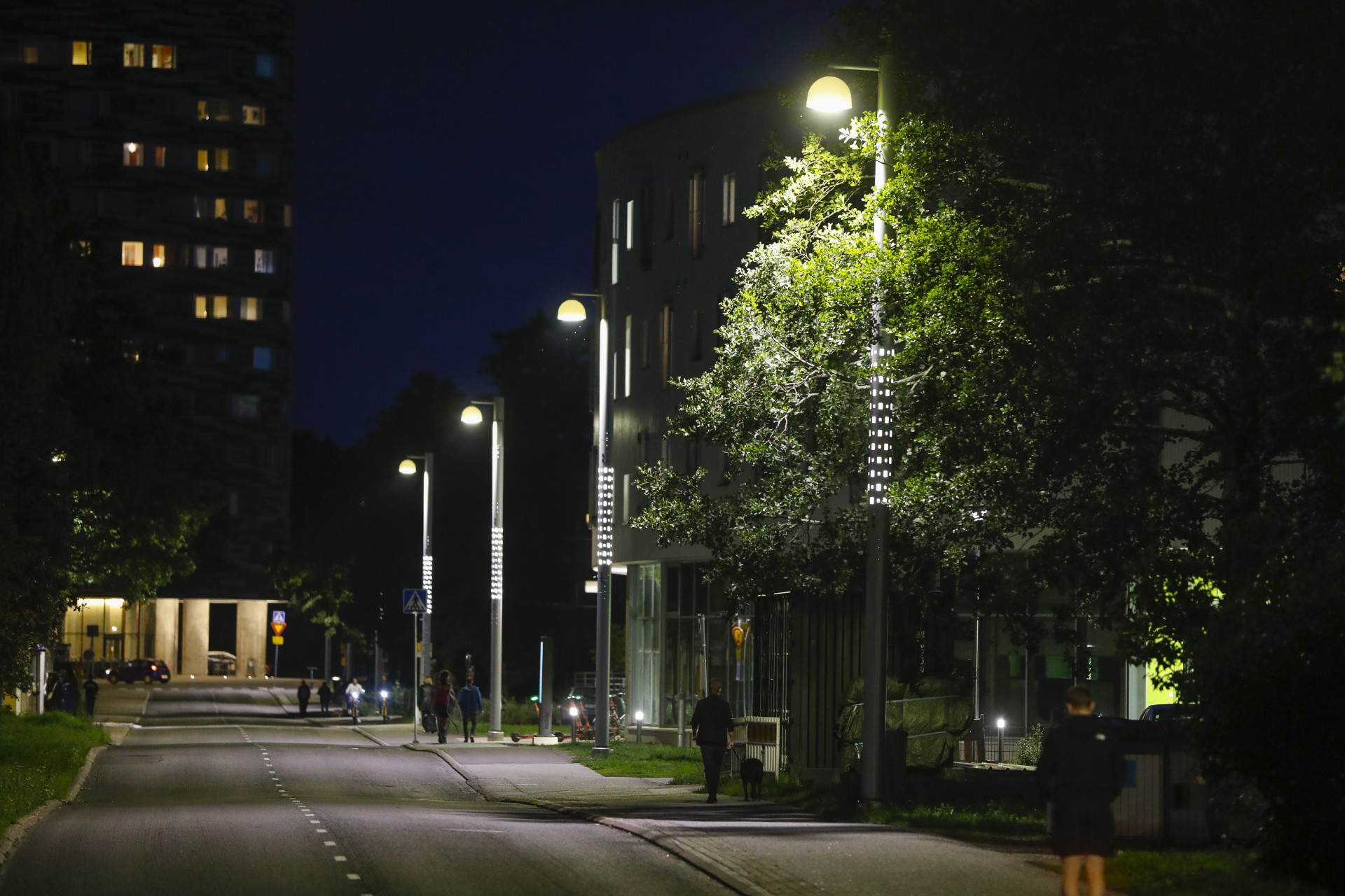 Sähköjokisen tuottamia katuvalaisimia pimeällä.
