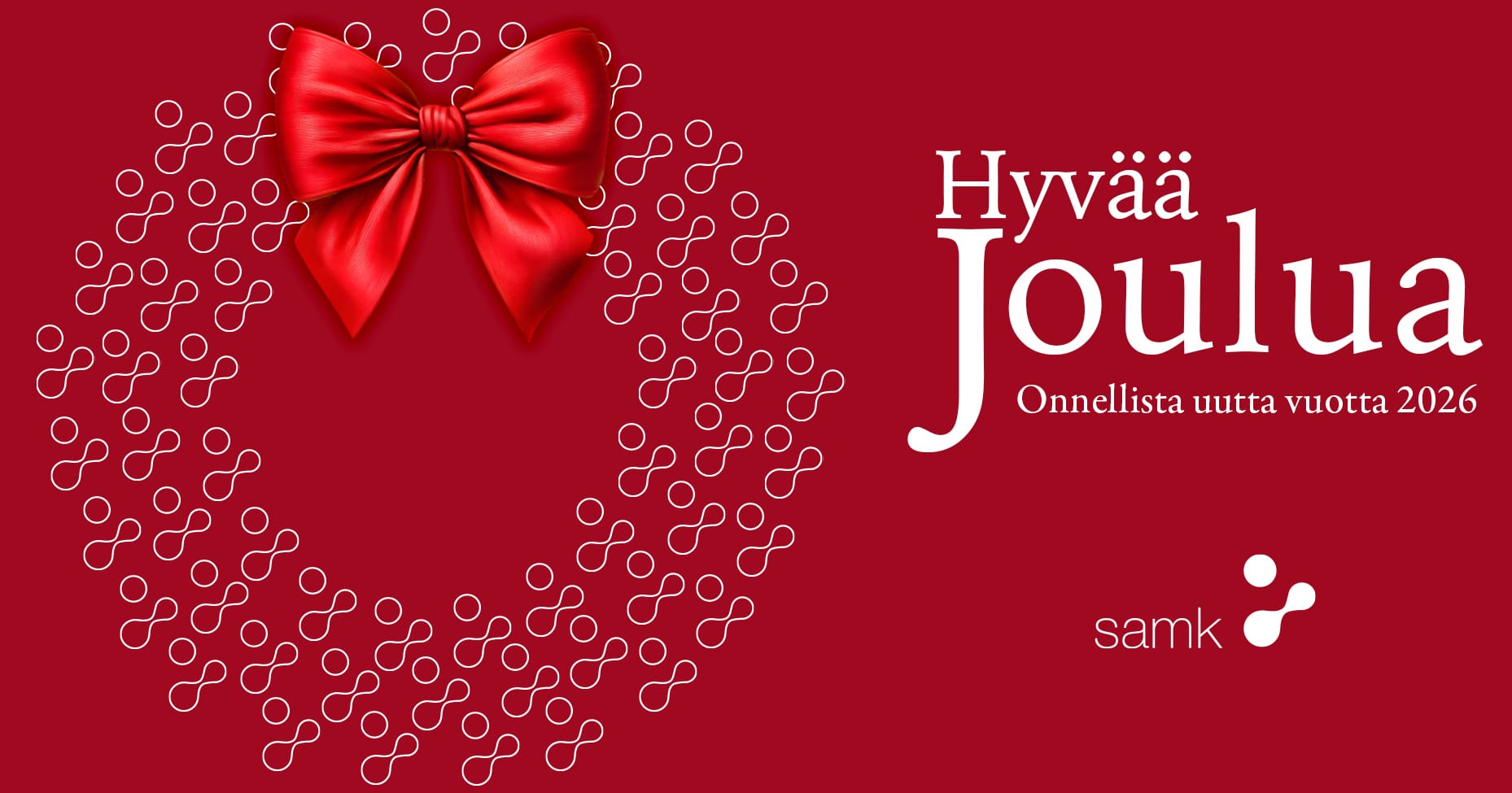 Punaisella pohjalla lukee "Hyvää joulua ja onnellista uutta vuotta 2026!"