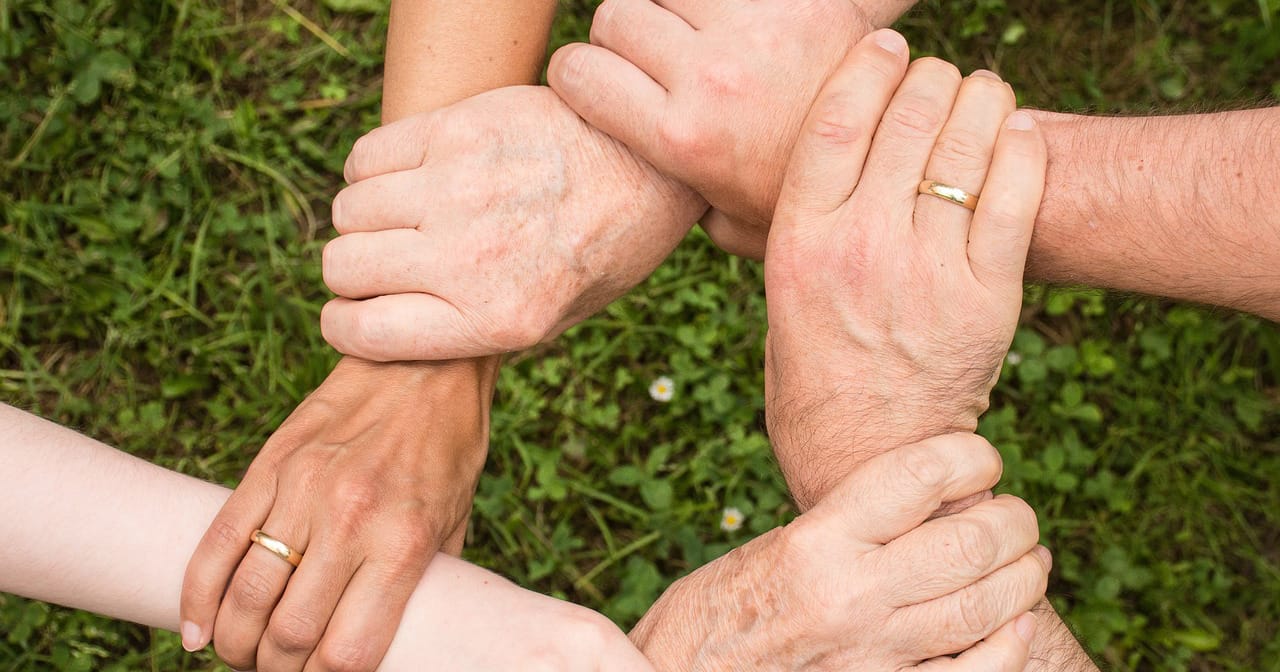 Käsiä yhdessä, taustalla vihreää ruohoa.