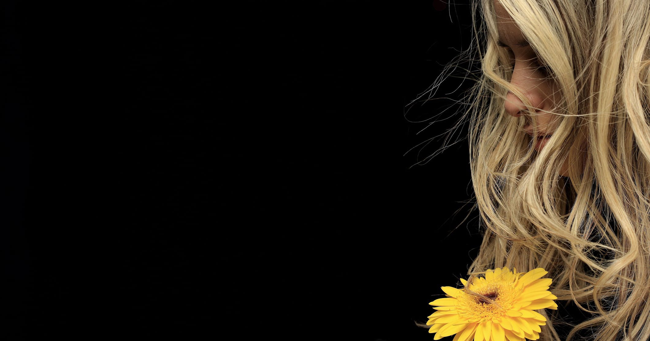 Vaalea nainen pitää kukkaa kädessä tummaa taustaa vasten.