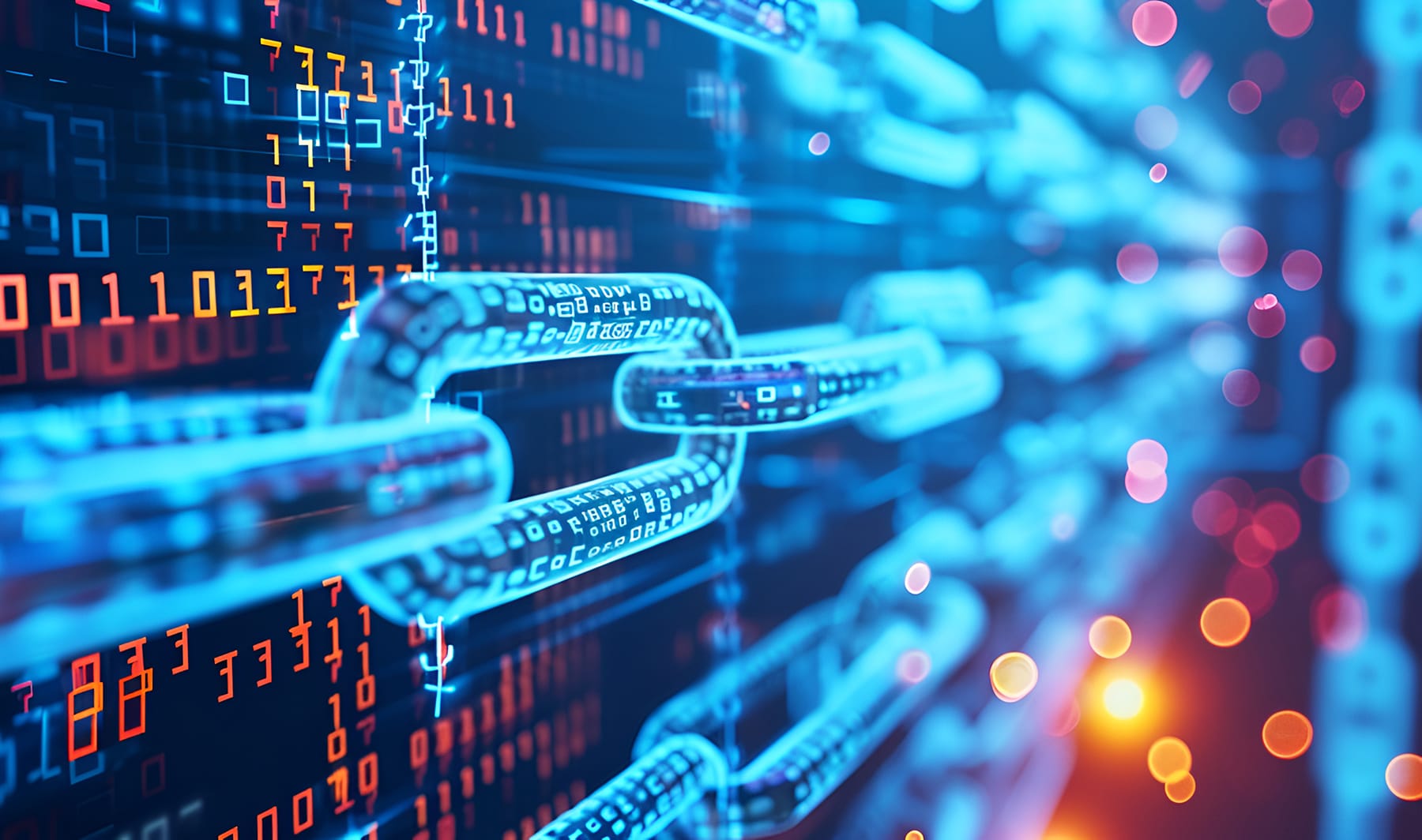 Digitaalinen ketju ja binäärikoodia kuvaava abstrakti blockchain-henkinen grafiikka.