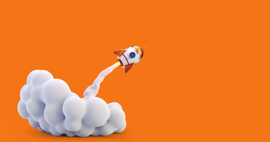 Piirretty kuva avaruusraketista oranssilla taustalla.