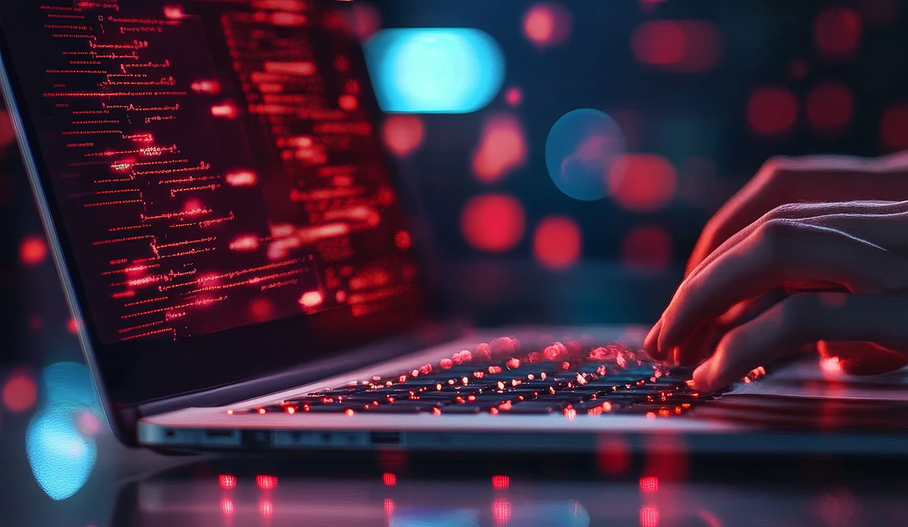 Hands typing on a laptop keyboard, with code visible on the screen in red lighting.
