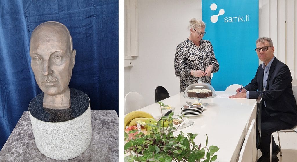 Kasvopatsas Risto Rytistä oikealla ja vasemmalla Kaksi henkilöä allekirjoittamassa dokumenttia SAMKin rollupin edessä.